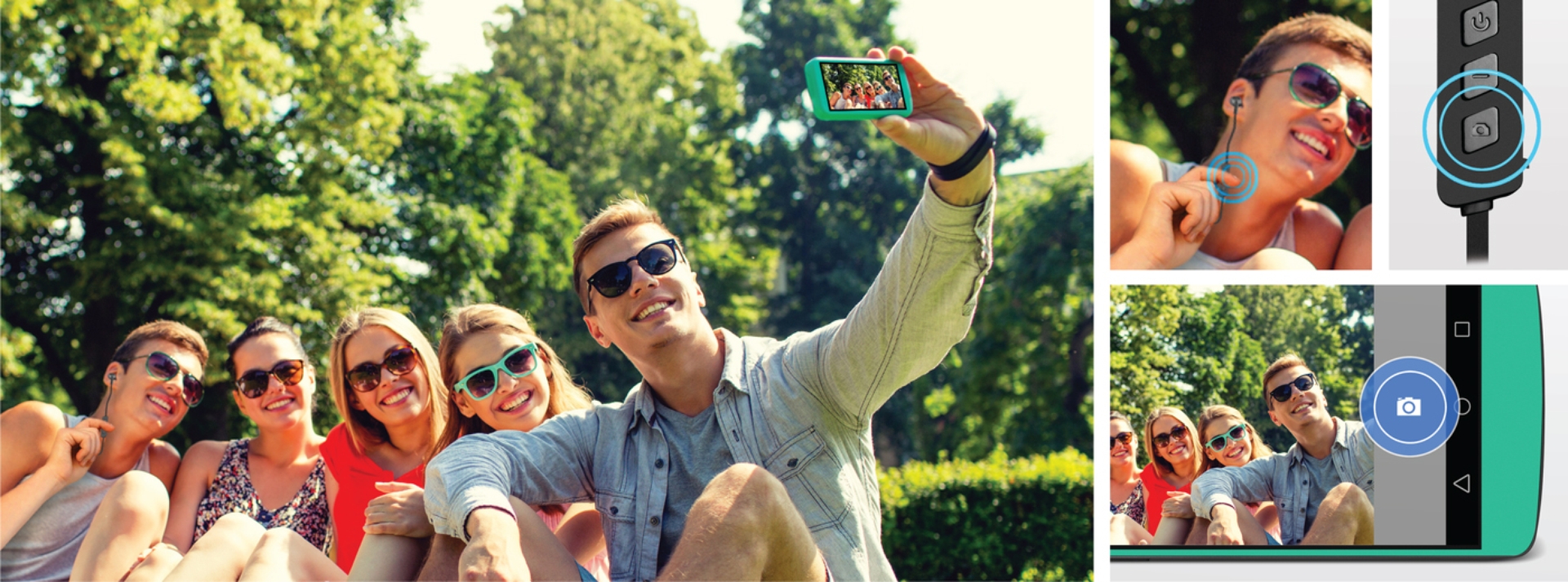 Selfie tlačítko na sluchátkách ulehčuje pořizování snímků při držení telefonu.